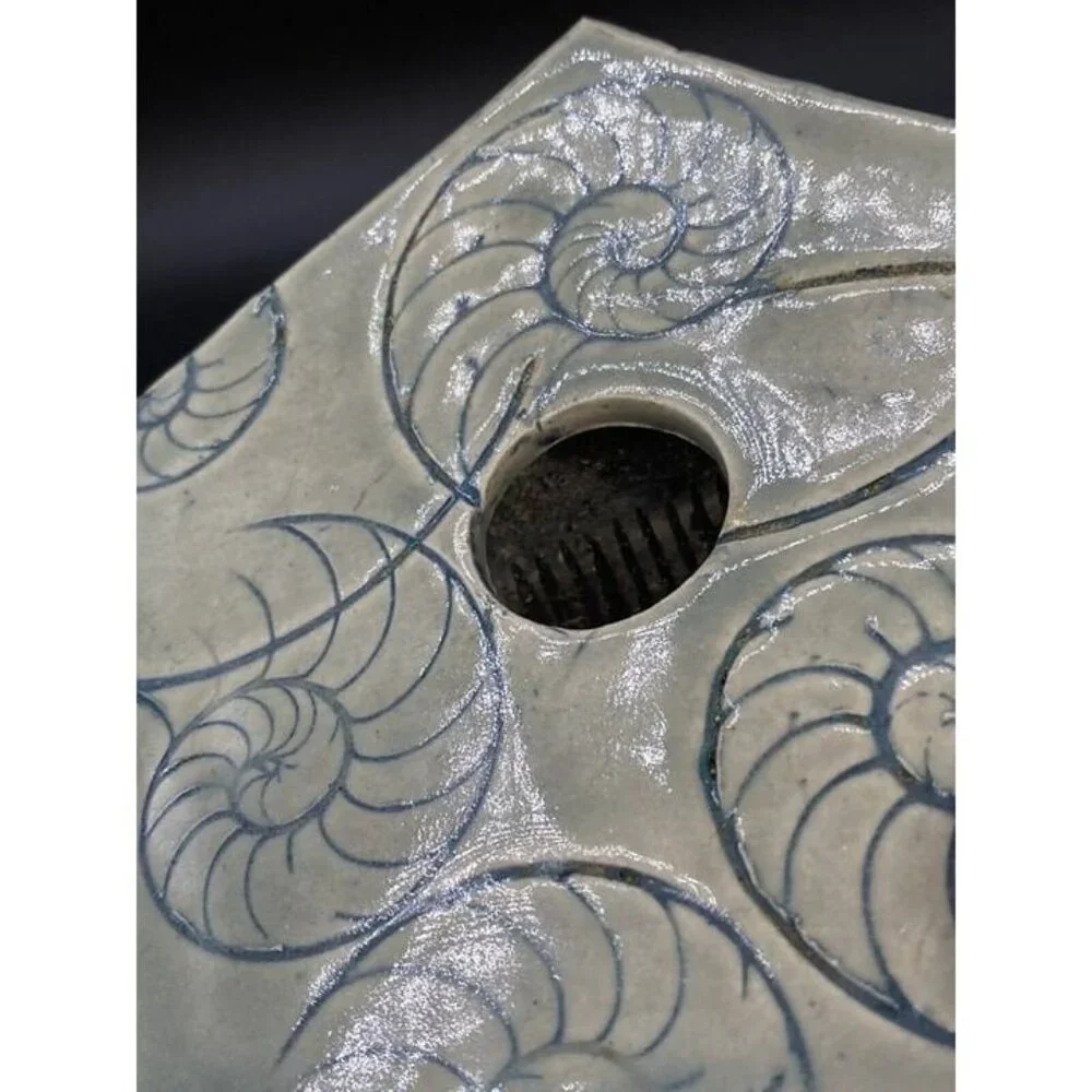 Studio Pottery Ikebana Flower Frog Vase Nautilus Sea Shell Nautical